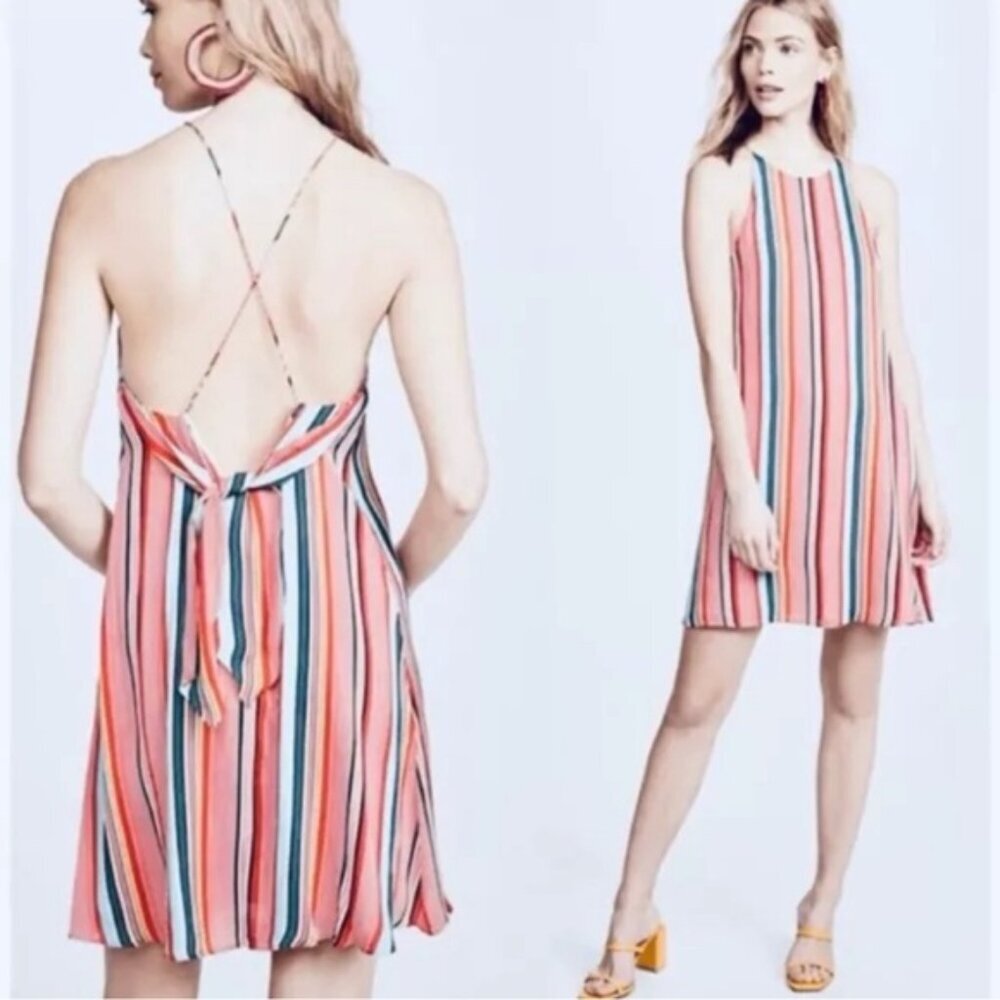 NWT Alice + Olivia Kalia Red Multicolor‎ Striped Halter Tieback Mini Dress LARGE - Picture 2 of 16